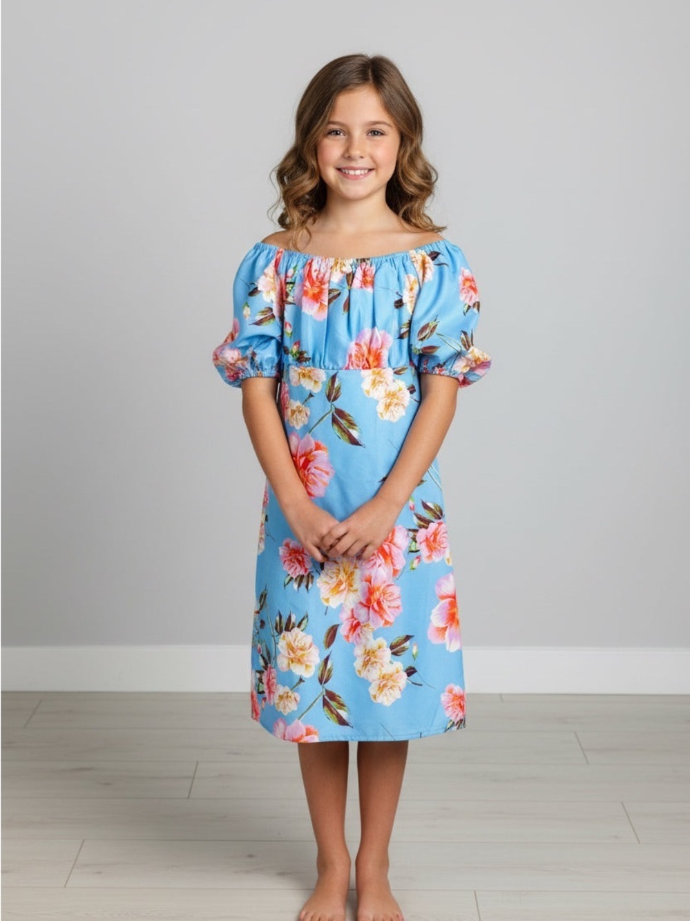 GB girls Light Blue Floral Tie-Shoulder Dress